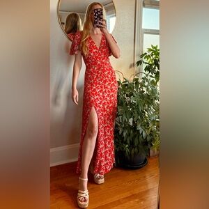 French Connection Floral Red Cerisier Wrap Dress with Flutter Sleeves XS